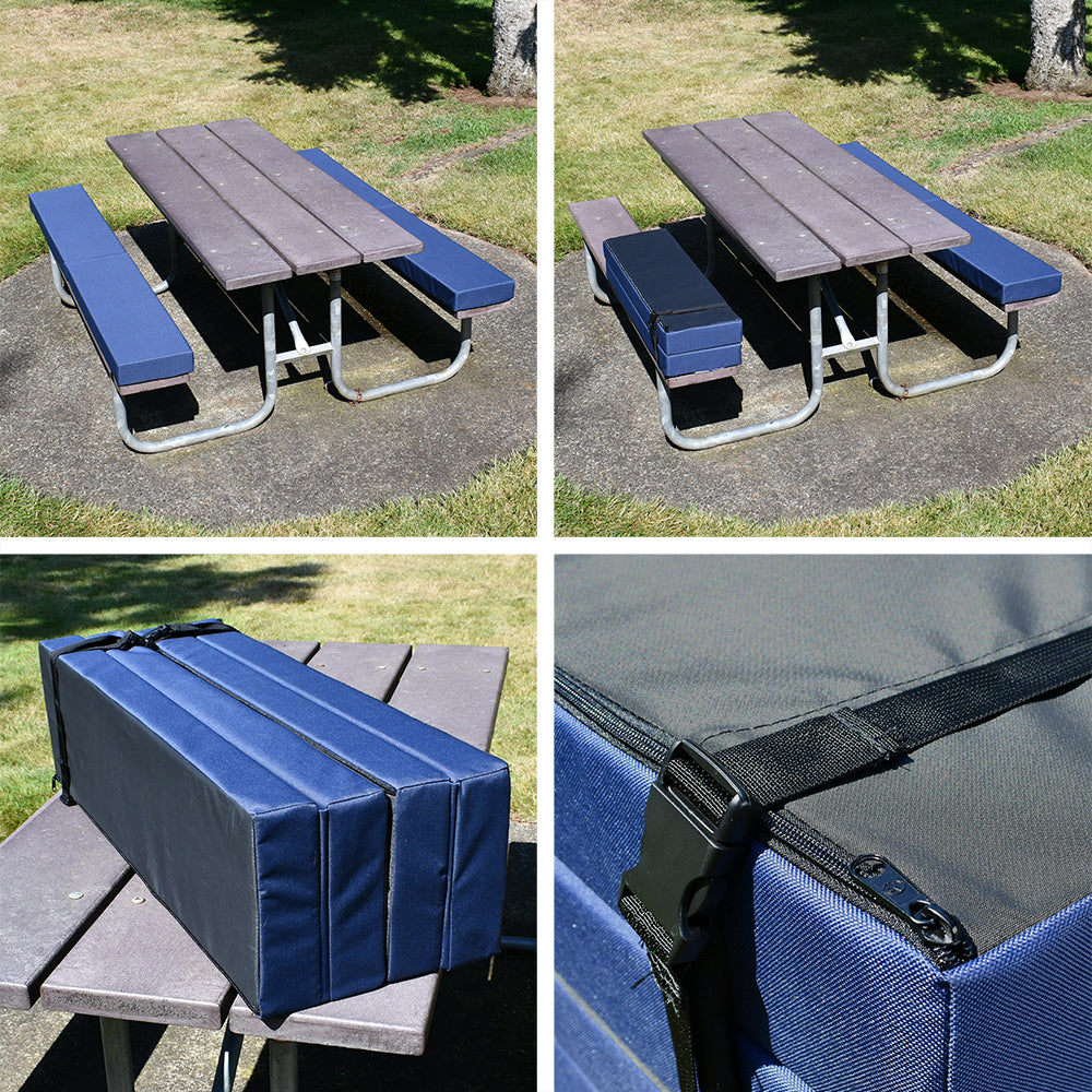 Detailed view of blue bench cushions on park picnic table, folding, storage and closed.