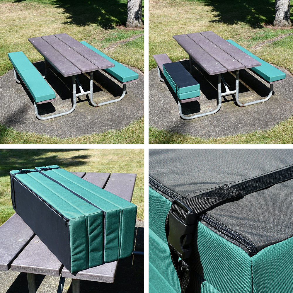 Detailed view of teal bench cushions on park picnic table, folding, storage and closed.