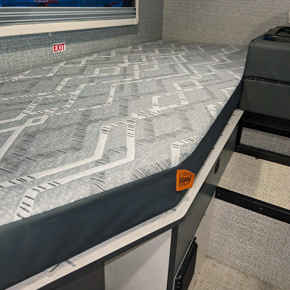 A gray and white patterned mattress to fit the Winnebago EKKO Transit or Sprinter