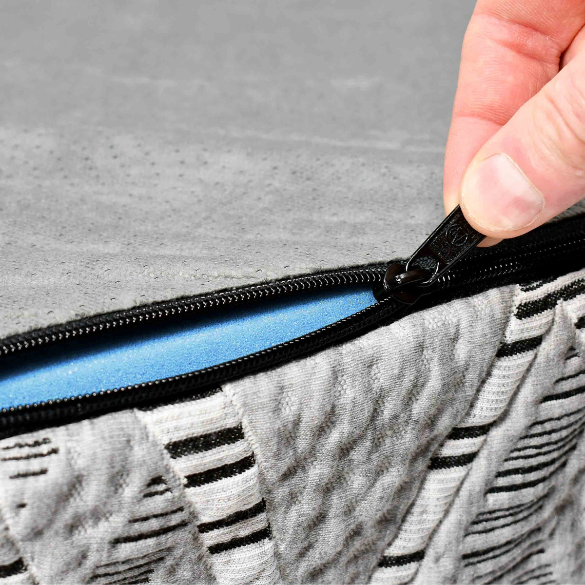 Geometric gray removable mattress cover zipper detail