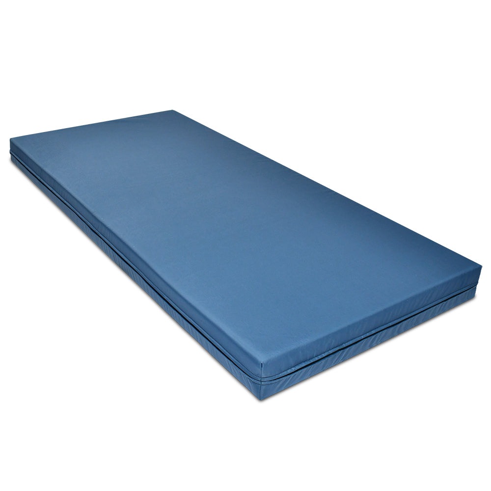 Blue nylon RV mattress angled view