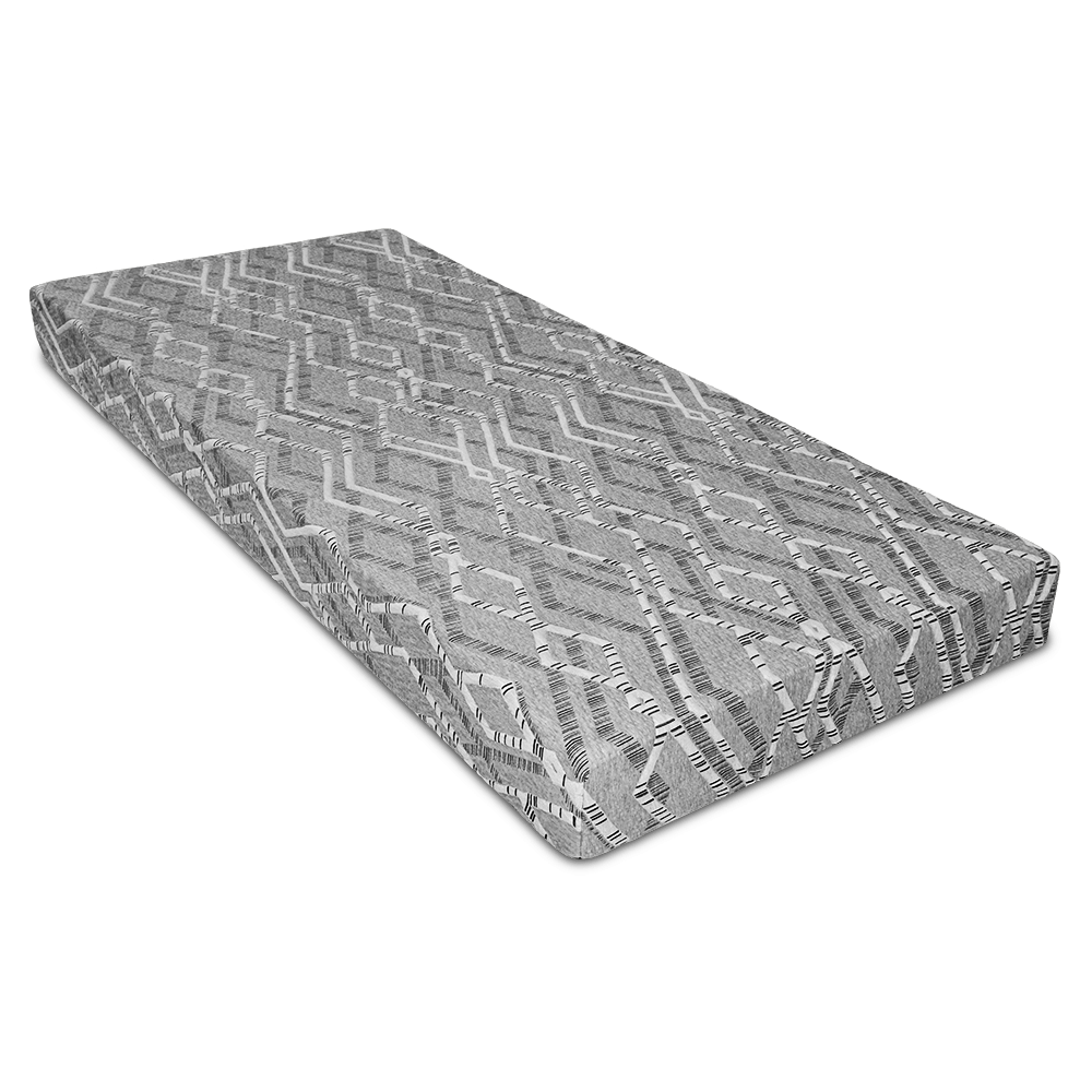 Geometric gray patterned RV mattress angled view