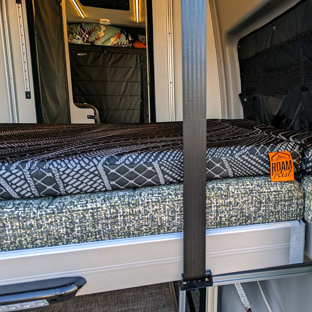 View of Revel mattress topper fitting on top van bed
