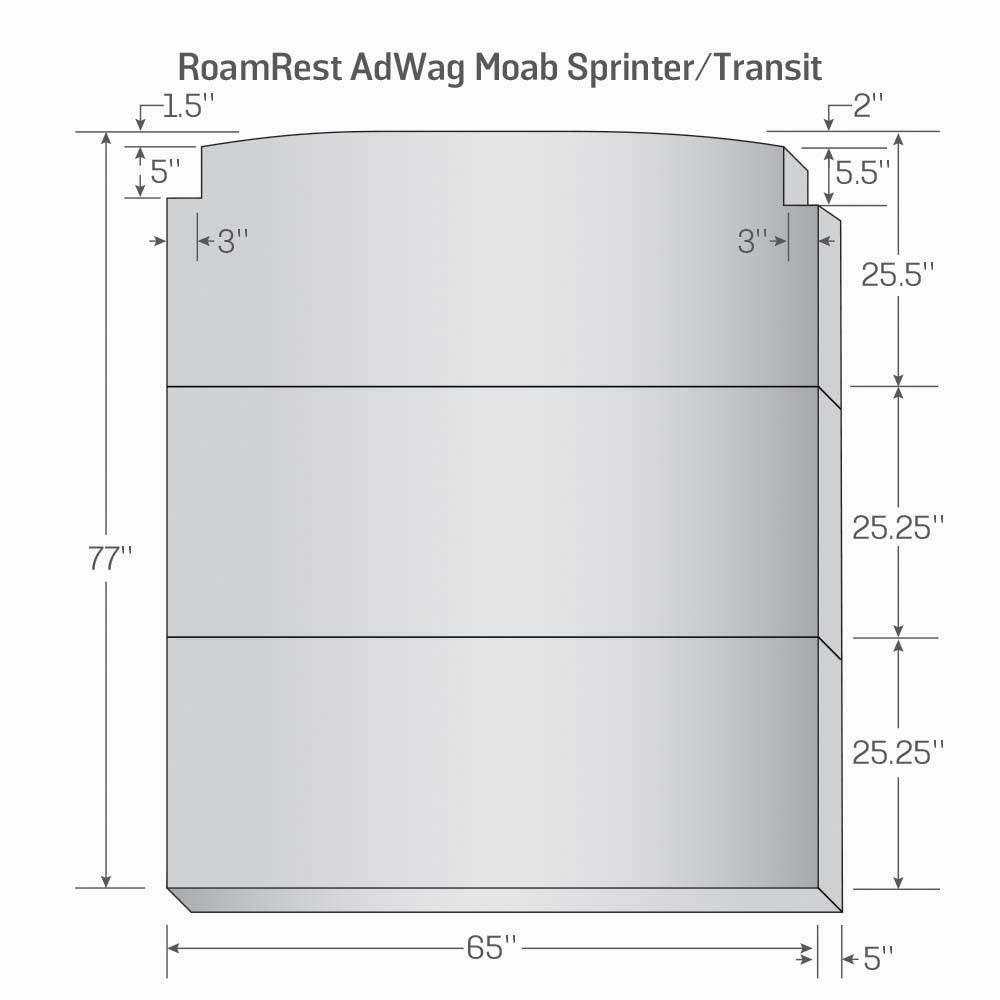 Technical drawing of Adventure Wagon replacement mattress for Moab Sprinter and Transit models