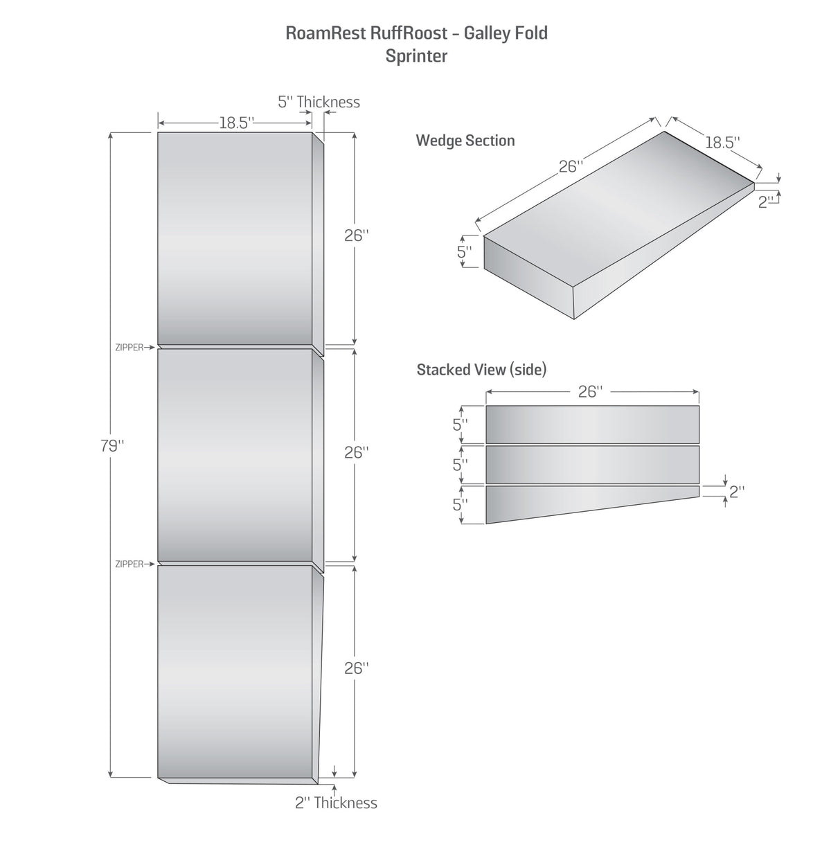 Technical drawing RoamRest RuffRoost Sprinter Van dog bed with Galley Fold dimensions and folded views