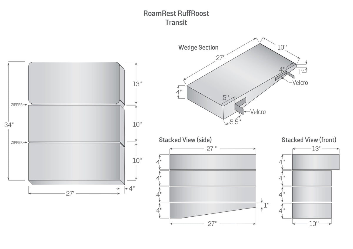 Technical drawing RoamRest RuffRoost Transit Van dog bed dimensions and folded views