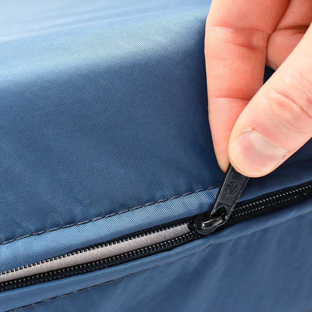 Blue nylon removable mattress cover zipper detail