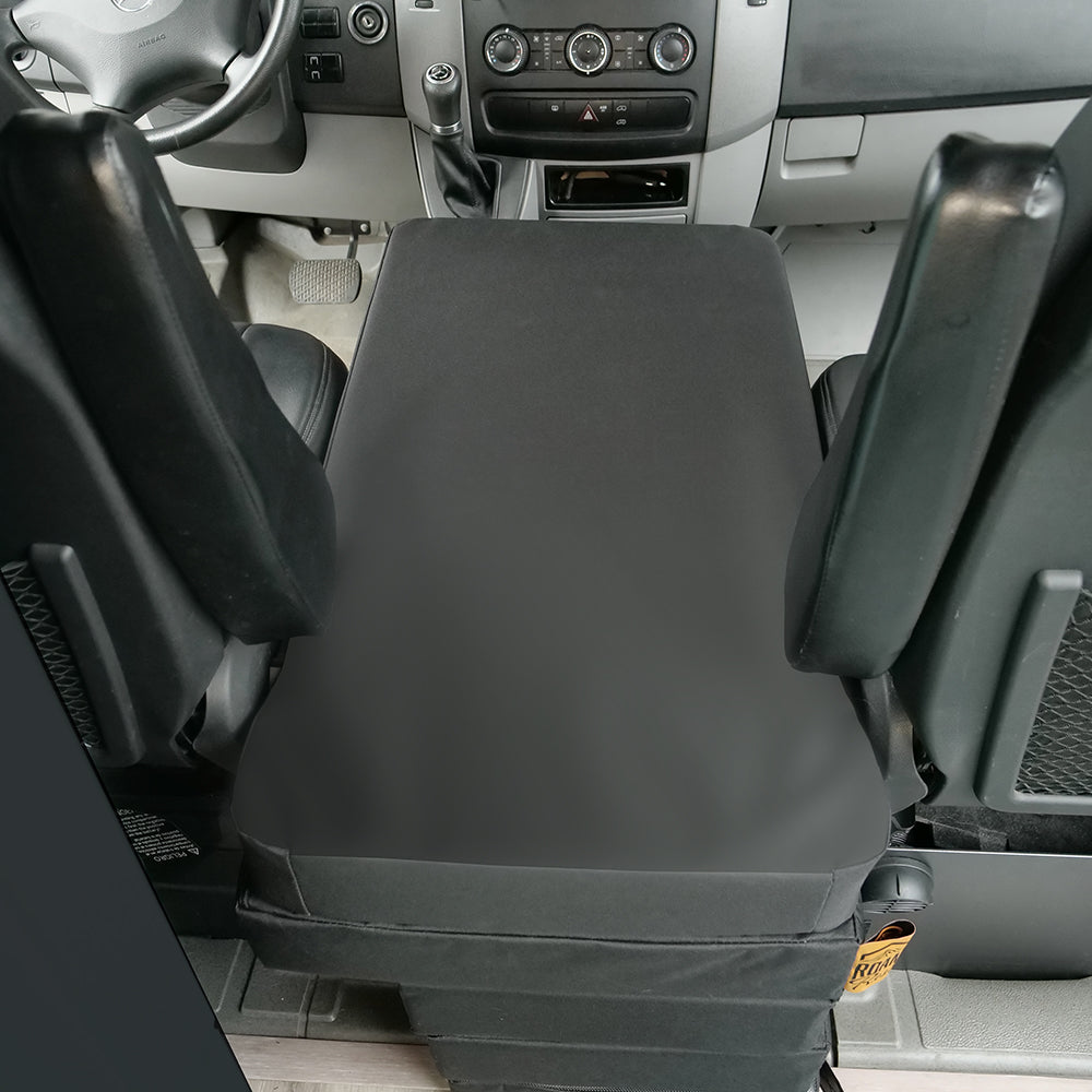 RuffRoost Sprinter dog bed installed between front seats