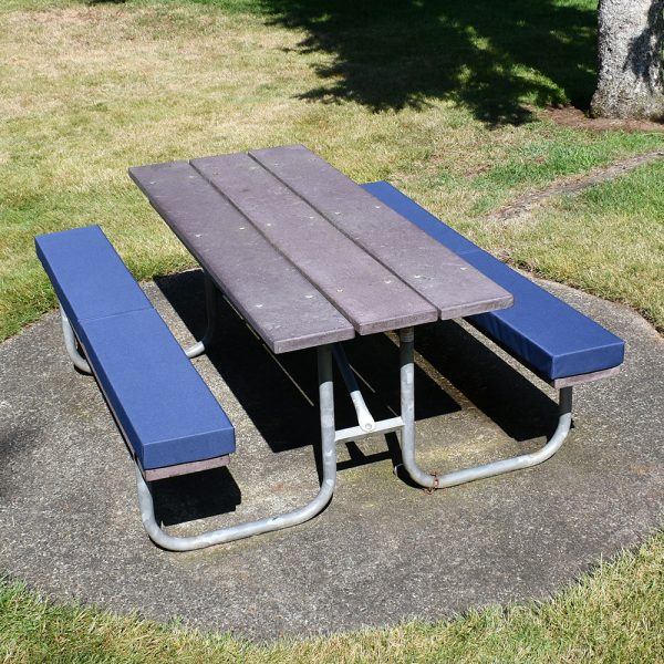 Blue bench cushions on park picnic table