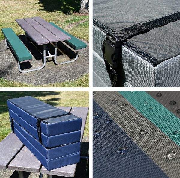 Waterproof picnic bench cushions color options of teal, blue or gray
