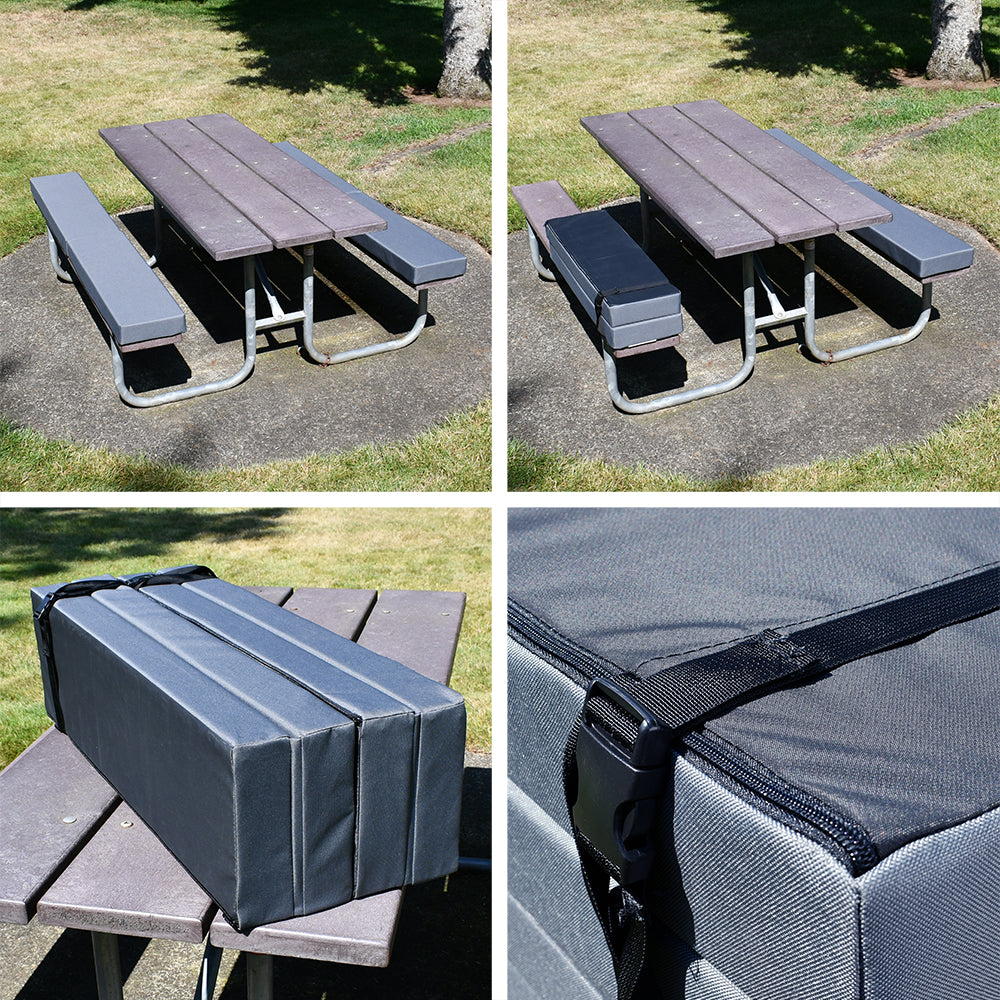 Detailed view of gray bench cushions on park picnic table, folding, storage and closed.