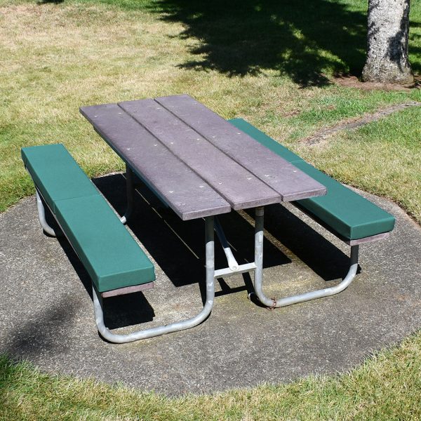 Teal bench cushions on park picnic table