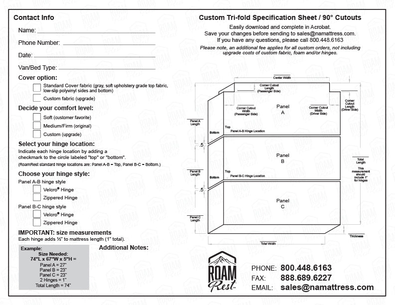 A specification sheet for custom tri-fold with 90 degree corner cuts