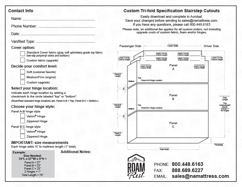 A specification sheet for custom tri-fold with stairstep corner cutouts