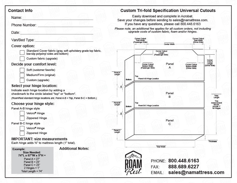 A specification sheet for custom tri-fold with universal angled corner cutouts