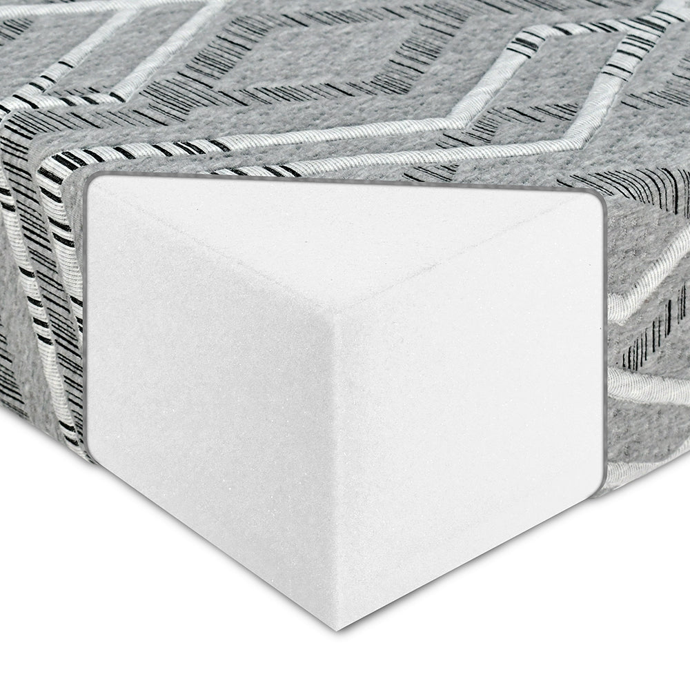Single layer foam mattress with a geometric gray fabric