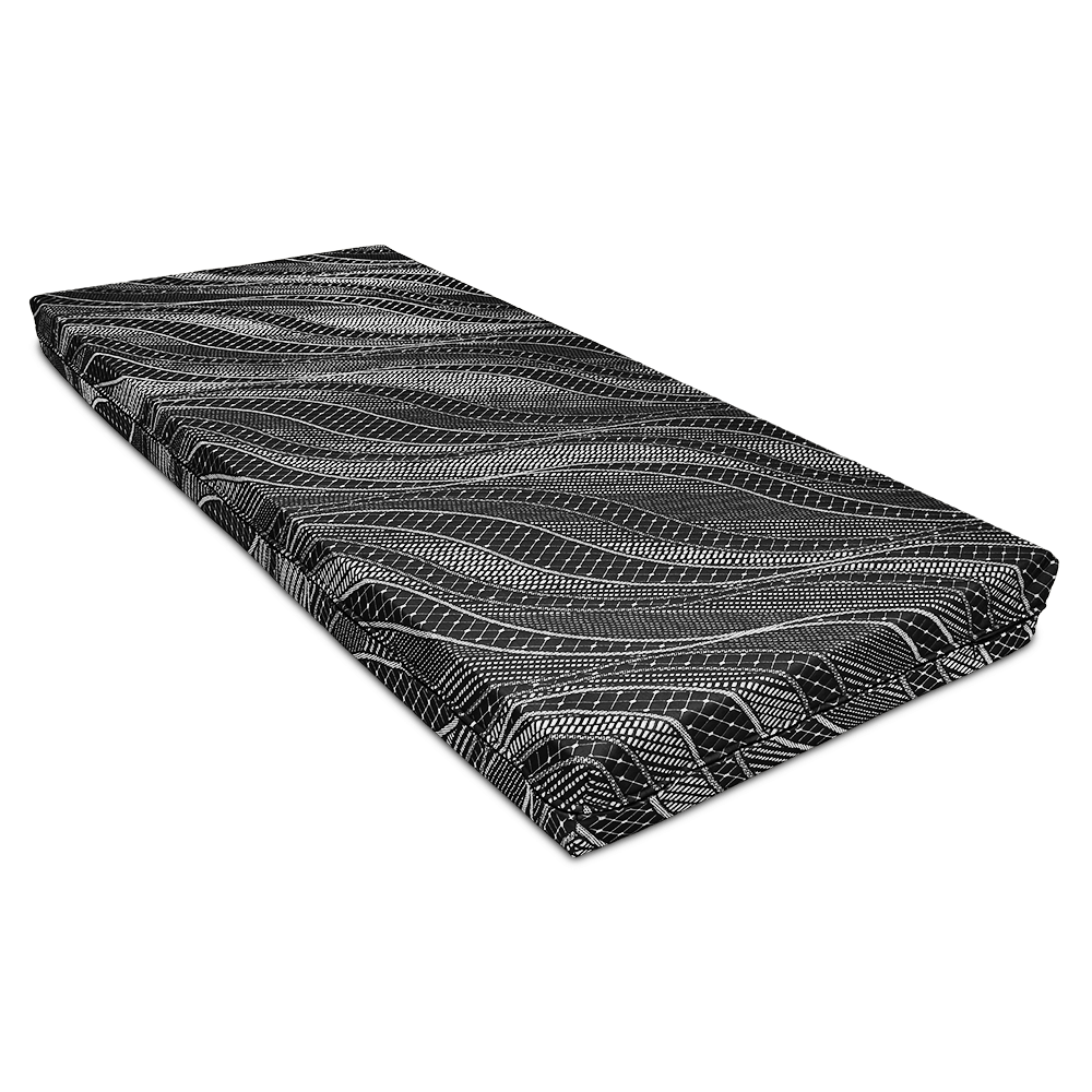 Black galaxy patterned RV mattress angled view