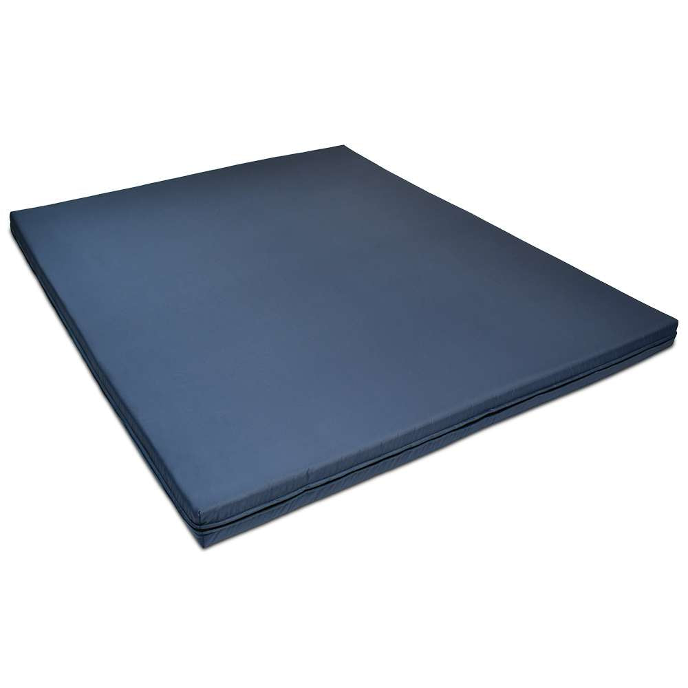 Blue nylon outdoor mattress angled view