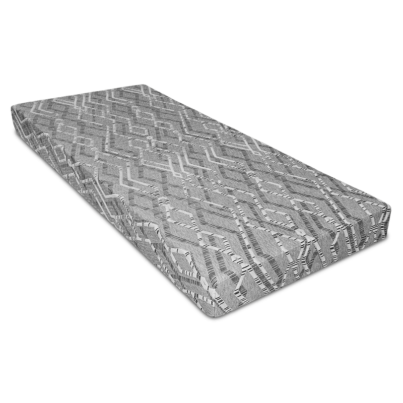 Geometric gray patterned RV mattress angled view