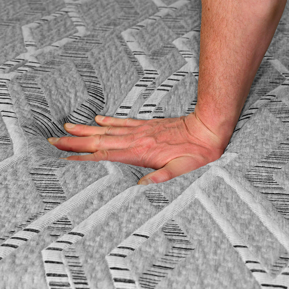 A close-up of a person's hand pressing down to show the material's softness and tactile quality