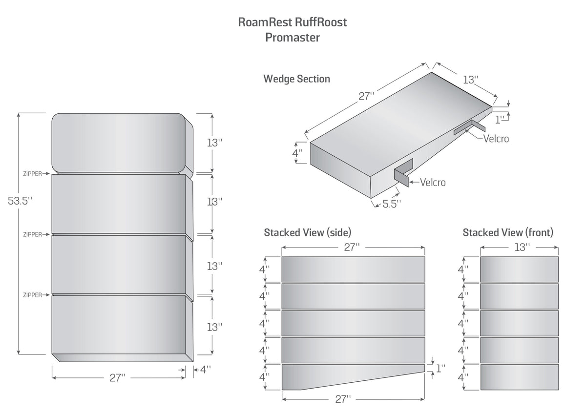 Technical drawing RoamRest RuffRoost ProMaster Van dog bed dimensions and folded views