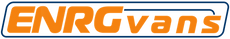 The logo for ENRGvans, featuring stylized orange text on a white background with a dark blue border.