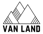 Black and white logo featuring three stylized mountains with diagonal line patterns above the text 'VAN LAND' in bold black letters on a white background.