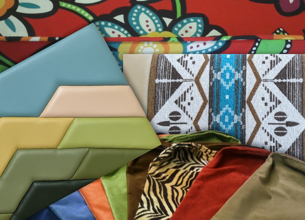 A close-up arrangement of colorful fabric and material swatches, including solid shades of blue, beige, yellow, green, and orange, plus patterned textiles such as geometric brown-and-white, zebra print, and red with floral motifs.