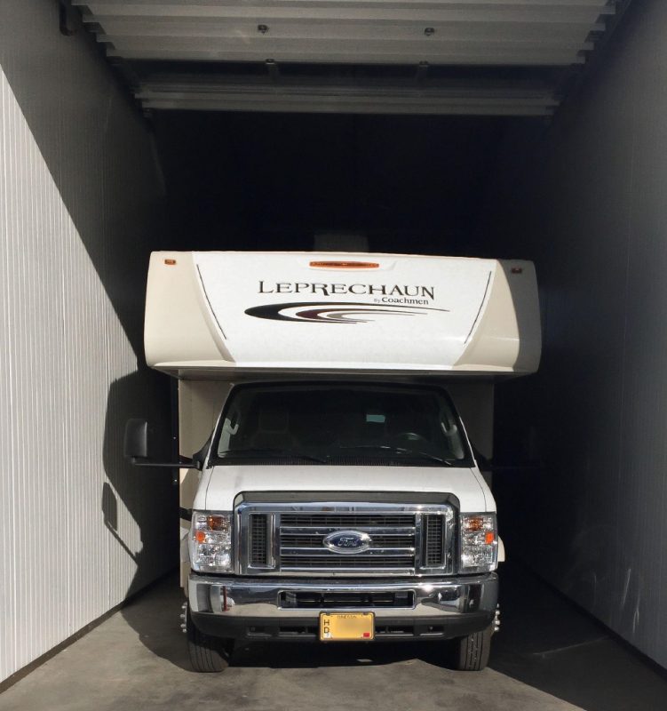 Winterized RV in heated storage unit